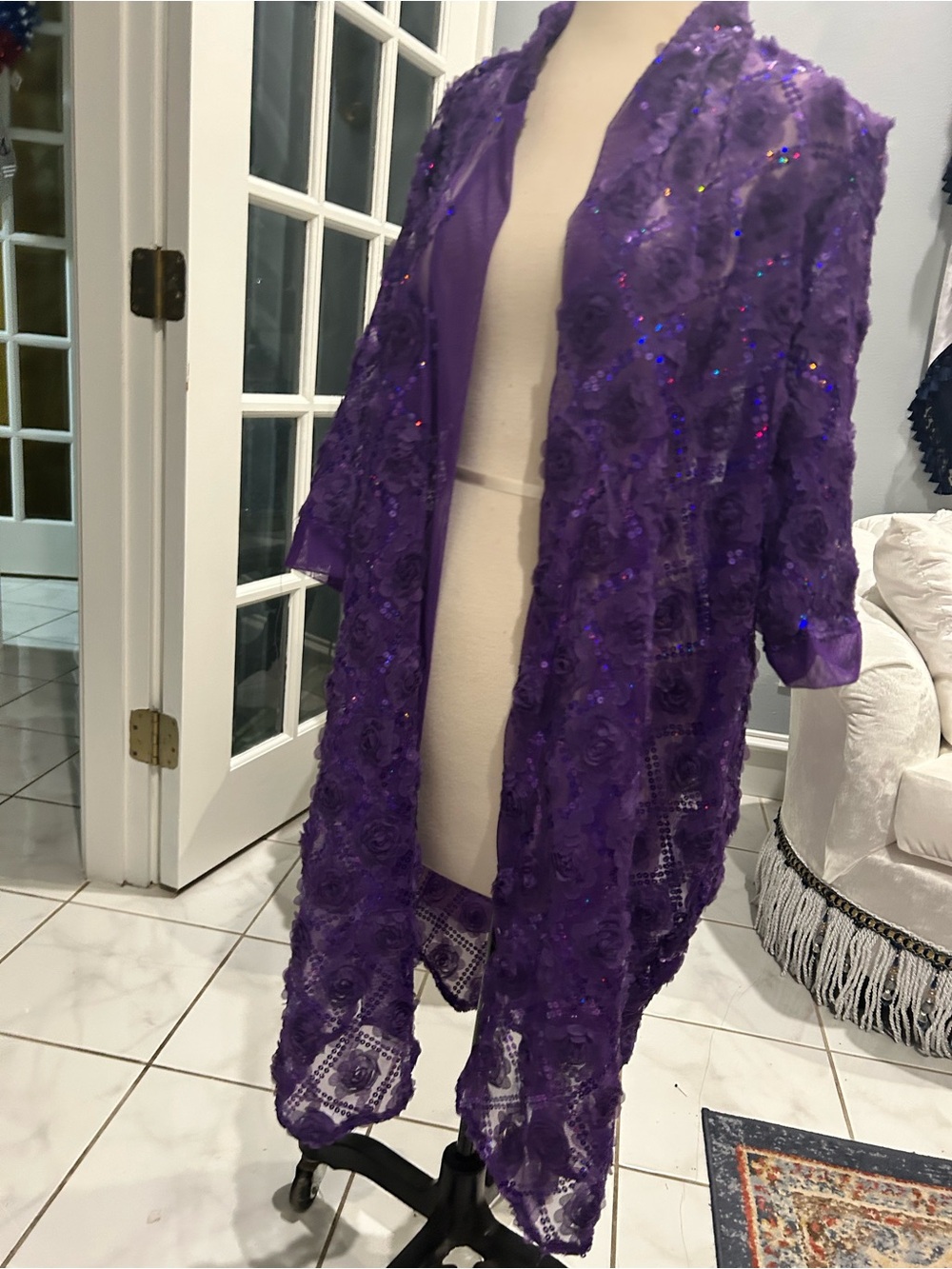 Women's Purple Lace Sequin Duster Coat